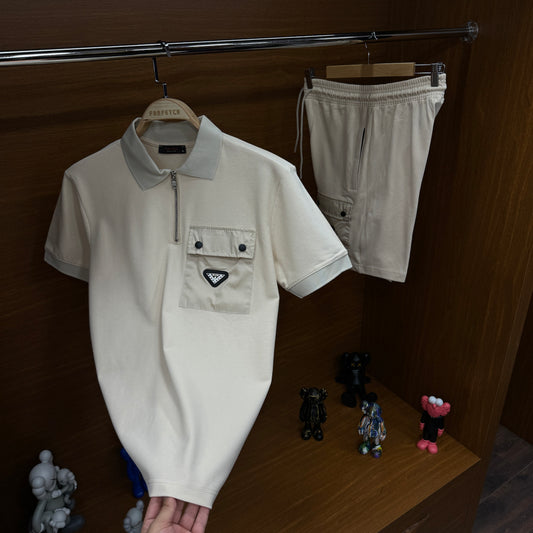 Prada  Yakalı Şortlu Takım Bej